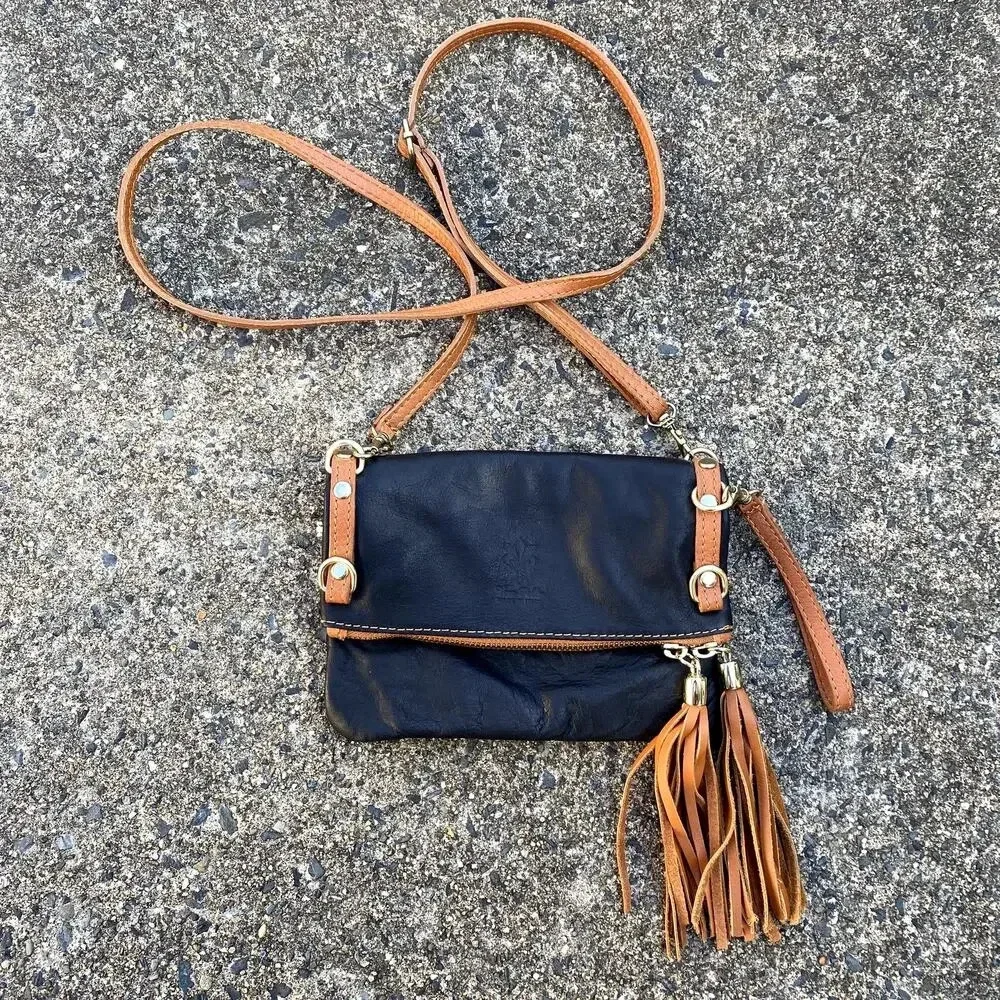 Vera Pelle Italian Leather Black Crossbody Tassel Clutch Bag